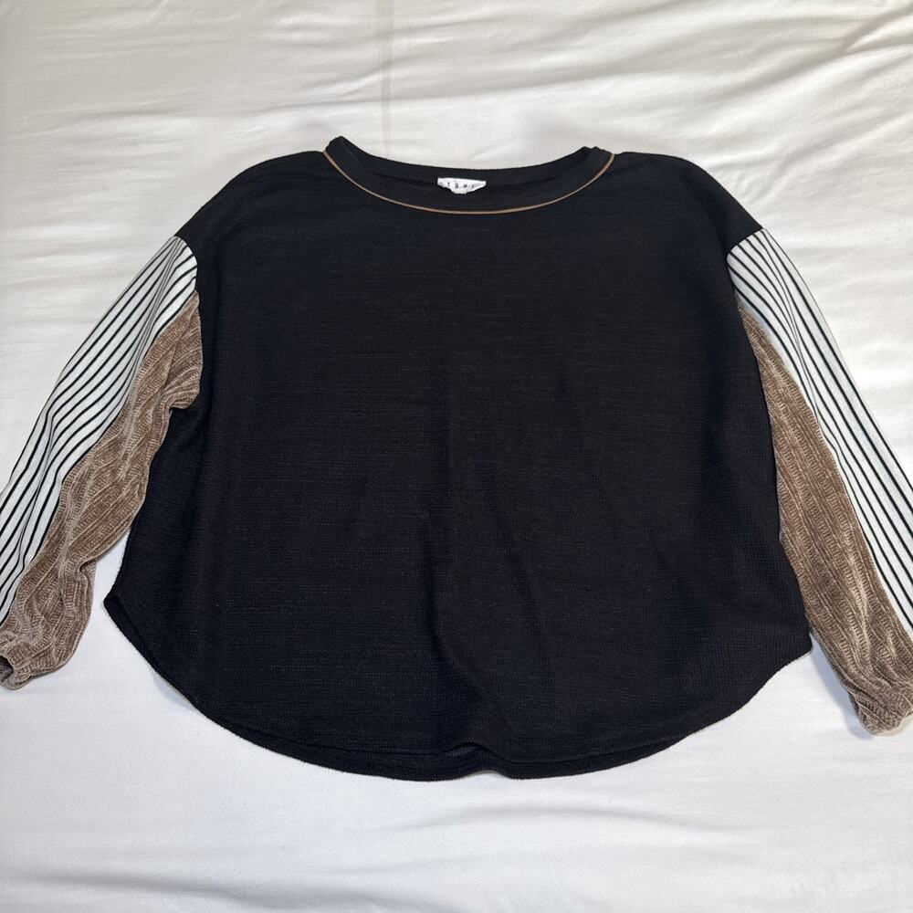 THML Boutique Womens Large Black Stripe Mixed Media Top Pullover Blouse EUC